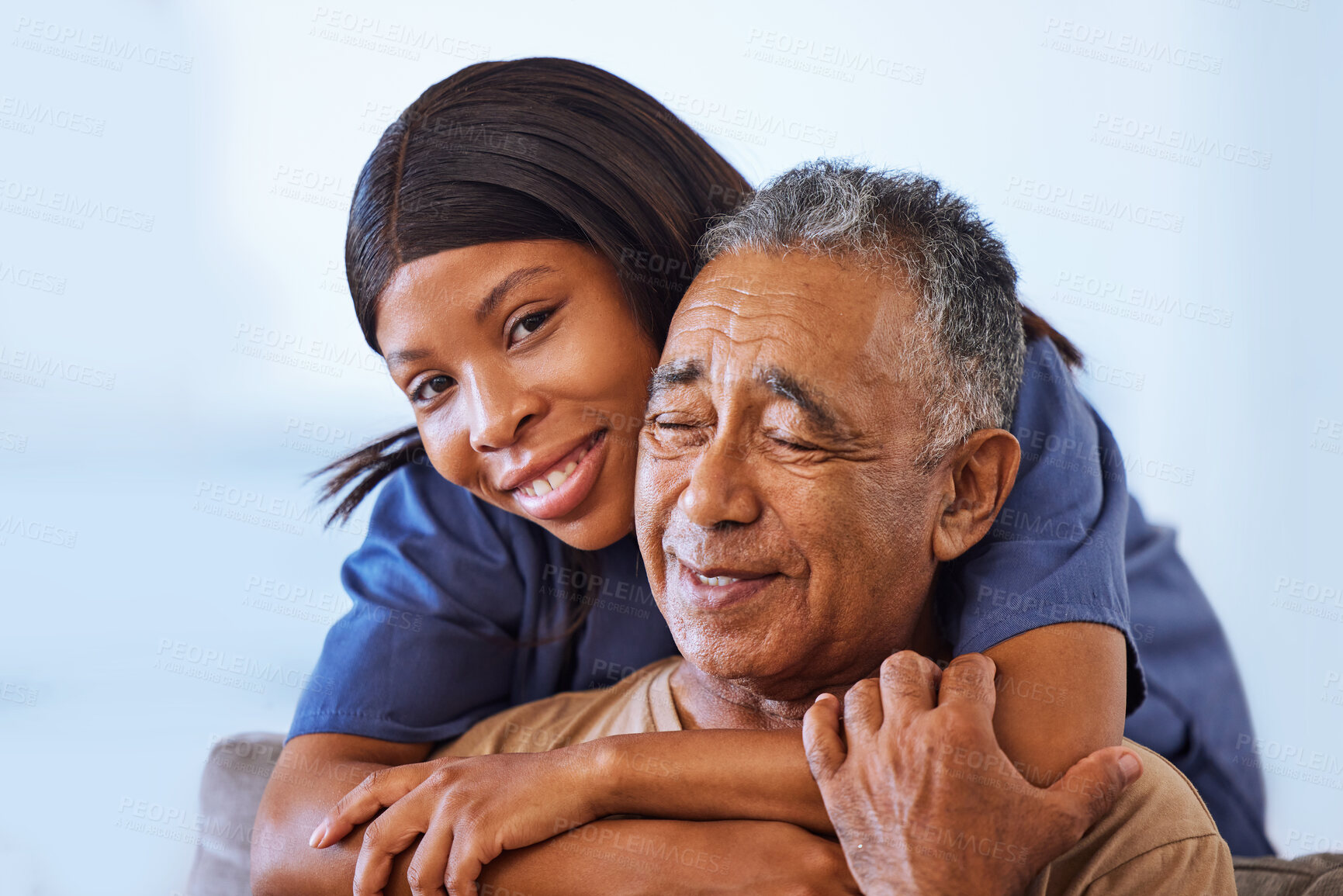 Buy stock photo Nurse hug, senior man and healthcare support in consultation in home, help with health from doctor and medical communication in retirement in house. Portrait of African caregiver working at clinic