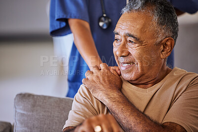 Buy stock photo Nurse or doctor give man support during recovery or loss. Caregiver holding hand of her sad senior patient and showing kindness while doing a checkup at a retirement, old age home or hospital