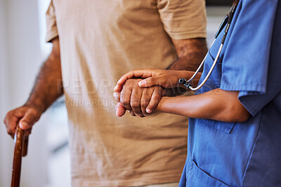 Buy stock photo Support, trust and help from caregiver or nurse walking with senior man or patient in retirement home with healthcare insurance. Hands of female medical worker and alzheimers male with hospice care