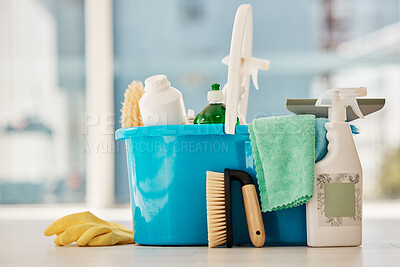 Buy stock photo Cleaning, products and house service with container tools or chemical liquid cleaner in house, home interior. Service work, spring clean or housekeeping with plastic bottle, spray and brush in toilet