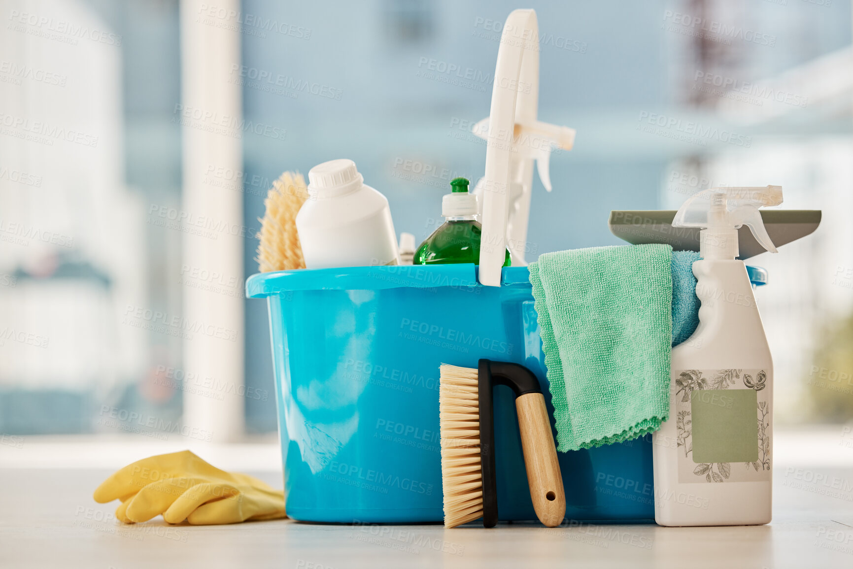 Buy stock photo Cleaning, products and house service with container tools or chemical liquid cleaner in house, home interior. Service work, spring clean or housekeeping with plastic bottle, spray and brush in toilet