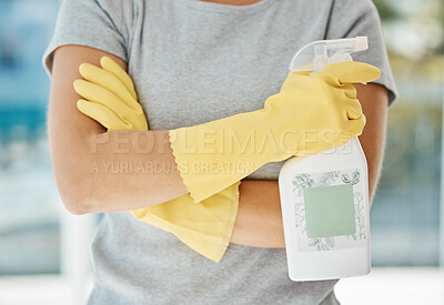 Buy stock photo Cleaning service hands of woman or girl home cleaner with safety gloves and spray for house spring cleaning business. Housekeeping career employee, maid or worker with detergent liquid soap in bottle