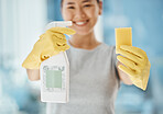 Cleaning service, product and woman with spray bottle, sponge and gloves for advertising or marketing in a bathroom, kitchen or house. Happy cleaner with success job for housekeeping liquid detergent