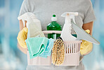 Woman, cleaning container and housekeeping product for home cleaner service, maid or worker. Zoom on spray bottle, brush and fabric cloth for spring clean, tidy interior room and hygiene maintenance