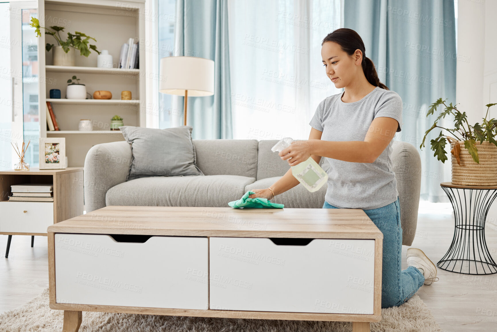 Buy stock photo Cleaning, hygiene and house task with a woman spring cleaning, sanitize living room furniture. Young female wipe and dust, enjoying fresh routine housework in a modern, germ free living space