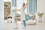 Fun asian woman, mop or cleaning living room with housekeeping floor product for home cleaner service, maid or worker. Happy, smile or healthcare maintenance in bacteria spring clean of interior room