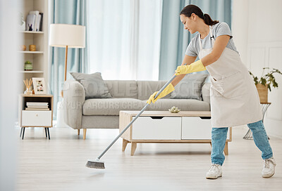 Buy stock photo Cleaning, asian girl and sweeping floor with broom for home interior spring clean tidy habit. Housekeeping woman busy with housework in apartment living room for good hygiene lifestyle in house.