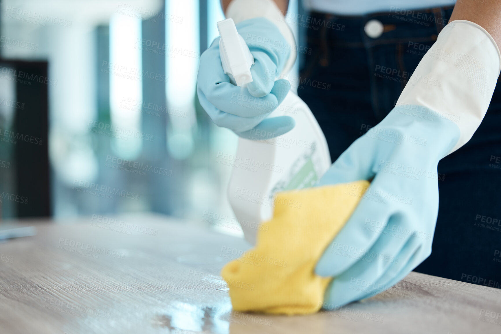 Buy stock photo Cleaning, spray bottle and hygiene with woman with gloves for housekeeping, service or disinfectant on table surface. Housekeeper, maid or housewife and cleaner, sanitary and  wash at home