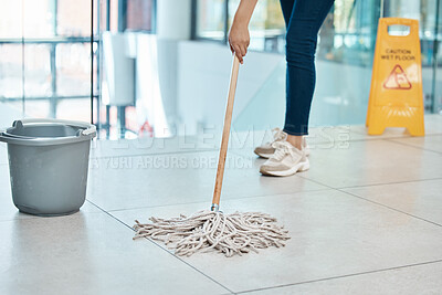 Buy stock photo Woman cleaner mop floor at office, with water in plastic bucket and put sign as warning or caution for staff. Employee janitor clean building put danger signal, as service to company or business.