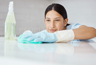 Buy stock photo Cleaning, disinfect and housework with woman washing kitchen table with spray product to sanitize, clean and for hygiene. Housewife, cleaner or housekeeper with sanitary detergent and tidy apartment
