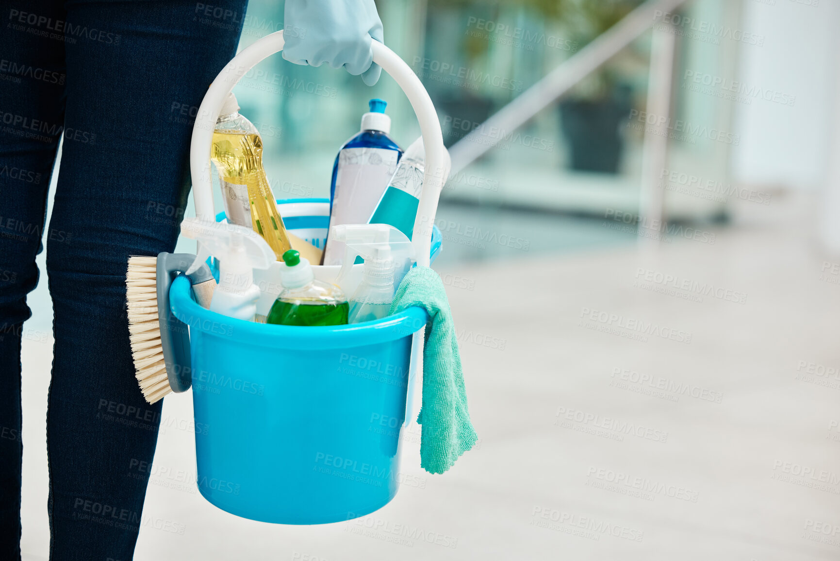Buy stock photo Cleaning container products with cleaner person hand in a office building or corporate business. Service worker scrub, gloves and liquid soap for disinfectant, sanitize and hygiene in the workplace