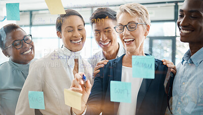 Buy stock photo Teamwork, planning and strategy with a business woman, manager or CEO working with a team on a glass wall and sticky notes. Collaboration, learning or development with a group in an office for growth