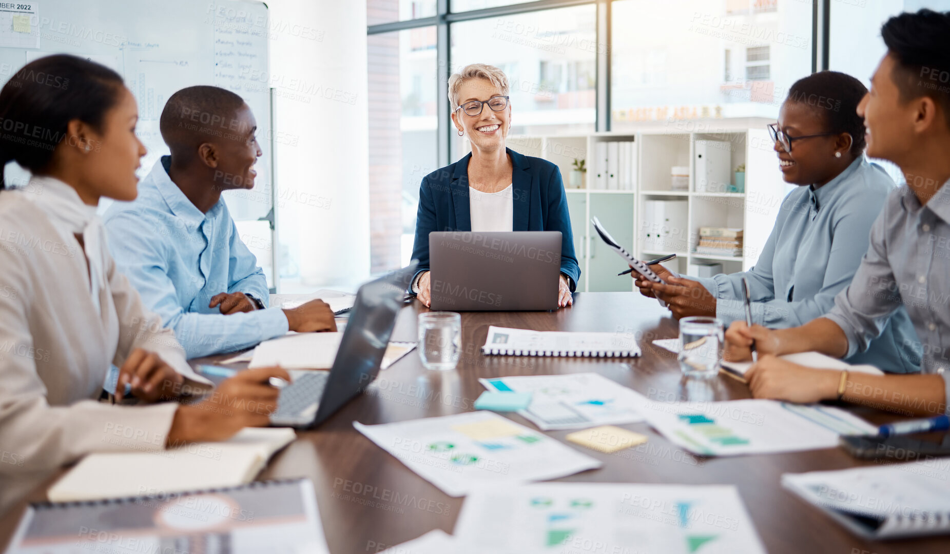 Buy stock photo Meeting, teamwork and finance with a team planning and working on a strategy for growth and development in the boardroom. Collaboration, paperwork and training with a female leader, manager or CEO