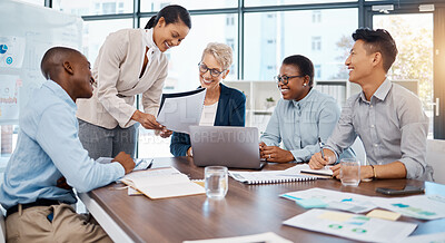 Buy stock photo Diversity, business people and collaboration meeting at the office in document planning, analysis and teamwork strategy. Group of happy employee workers in a team discussion, project and paperwork