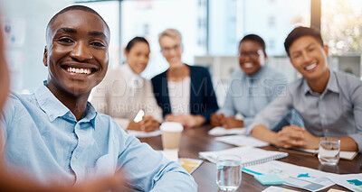 Buy stock photo Business people, selfie and diversity in corporate meeting with unity and happy workforce staff. Trust, solidarity and professional company boardroom office with inclusive workers and employees.