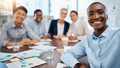 Buy stock photo Meeting, teamwork and finance with a team planning in the office for future growth and development. Collaboration, strategy and vision with business people sitting at a table in the boardroom