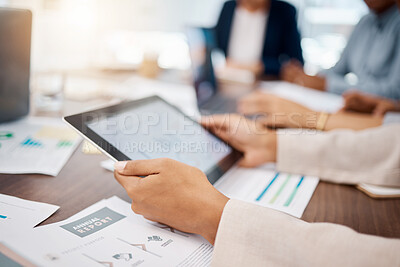 Buy stock photo Business hands, tablet planning and annual report data, research and office teamwork budget meeting. Closeup digital marketing, agency strategy and internet stats analytics for financial economy apps