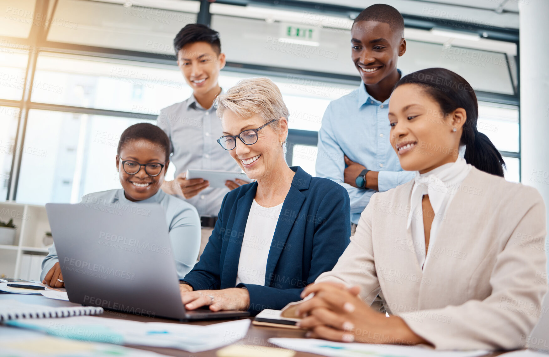 Buy stock photo Business, webinar and laptop with people together to discuss a corporate team project pitch. Communication, connection and professional workplace meeting online with management and employees.