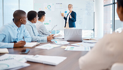 Buy stock photo Team in office for chart presentation, coaching on whiteboard in marketing department or company boardroom. Corporate workers at table for meeting on analytics, business growth or teamwork training.