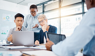 Buy stock photo Thinking, focus and planning teamwork on laptop, solution and business meeting in startup agency. Diversity employees, group strategy collaboration and online internet proposal ideas in modern office