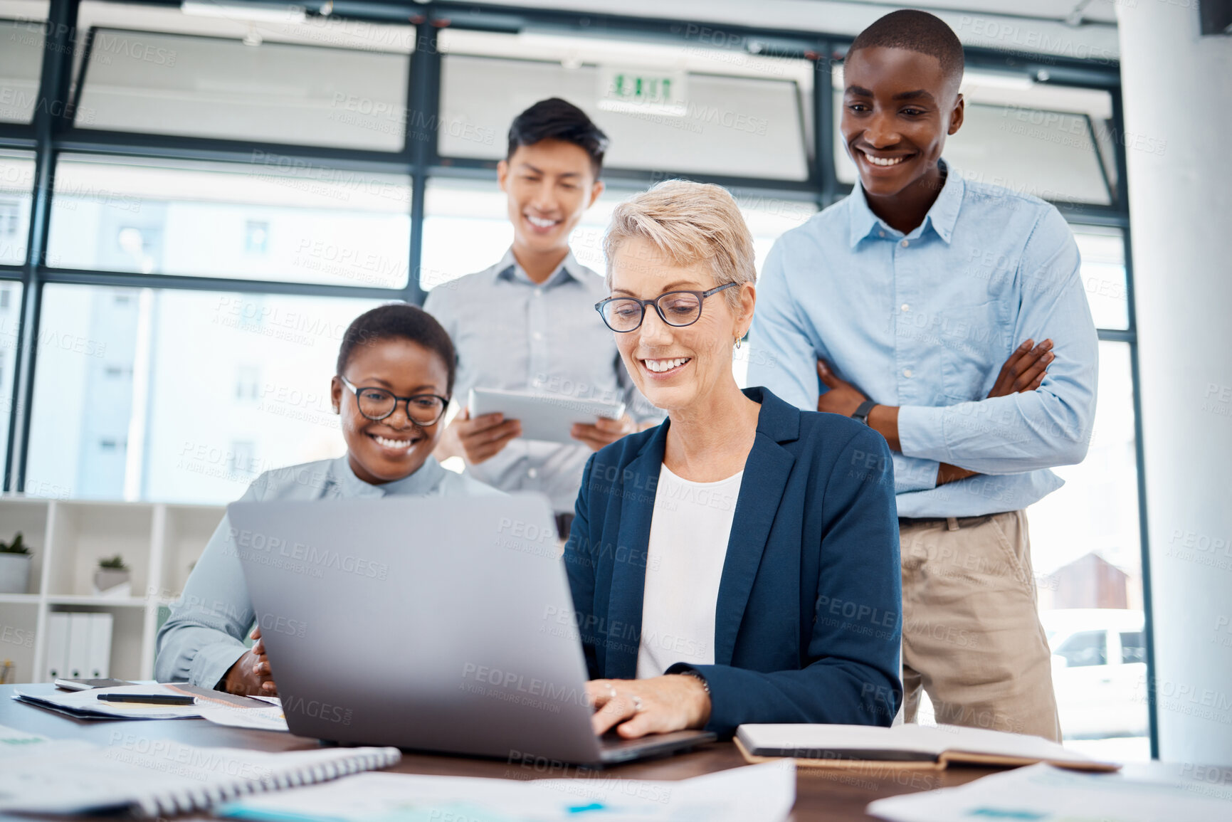 Buy stock photo Diversity, strategy and digital marketing team in a meeting about planning, communication and innovation. Teamwork, coaching and happy business people working together on a group project in a office