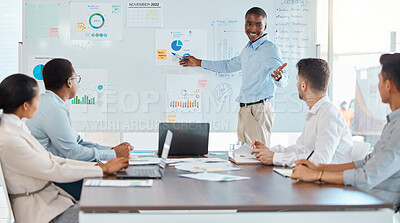 Buy stock photo Presentation, team and business man corporate speaker working with marketing staff in a office. Working, teamwork communication and leadership of businessman worker in a advertising chart meeting