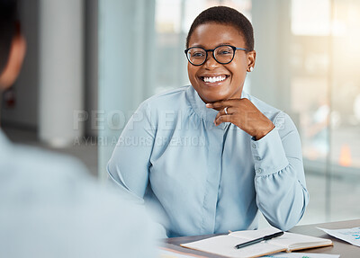 Buy stock photo Happy black woman, smile and success in office discussion during project plan or strategy at the workplace. African business woman smiling at work discussing finance, career or job at a company