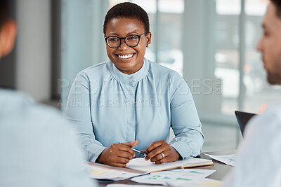 Buy stock photo Planning meeting, business partnership and black woman with smile for marketing team strategy, work communication and happy with office collaboration. African manager talking to employees at company