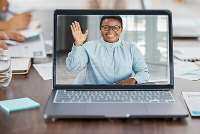 Buy stock photo Laptop, video call or zoom conference with black woman, leader or business meeting mentor in training, presentation or workshop. Happy smile or greeting waving on internet interview or office webinar