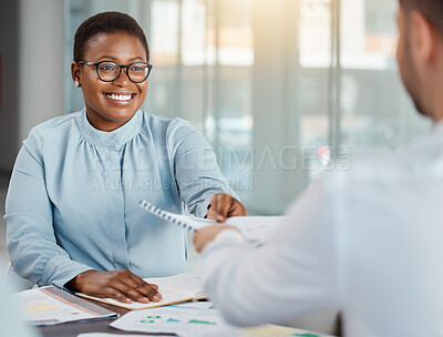 Buy stock photo Finance meeting, business partnership and report for accounting strategy, company growth budget and planning with paper in work office. Happy corporate marketing team working at financial startup