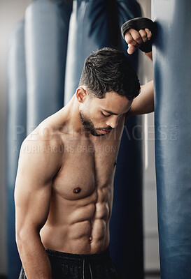 Buy stock photo Boxing training, tired workout and boxer with strong body during cardio exercise, muscle power from sports and professional fight competition. Health athlete in gym for wellness and motivation
