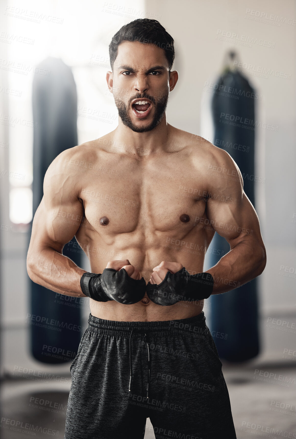 Buy stock photo Boxing, strong and boxer man portrait in training workout or fitness gym. Muscle strength, body goals and determined personal trainer athlete during his exercise for healthy motivation or mma sports