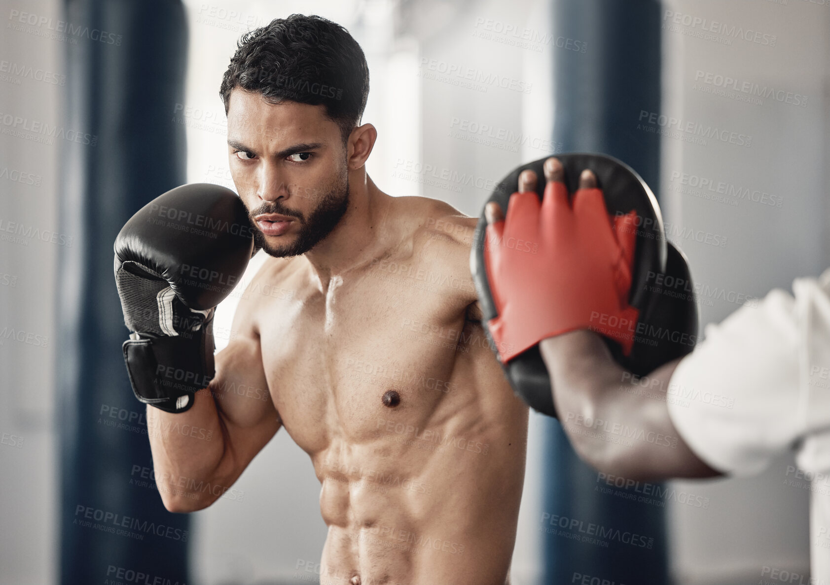 Buy stock photo Fitness, training and a man boxing in gym with personal trainer and sparring pads. Health, motivation and exercise, boxer throwing a punch. Fight, muscle and workout with sports gloves in mma studio.