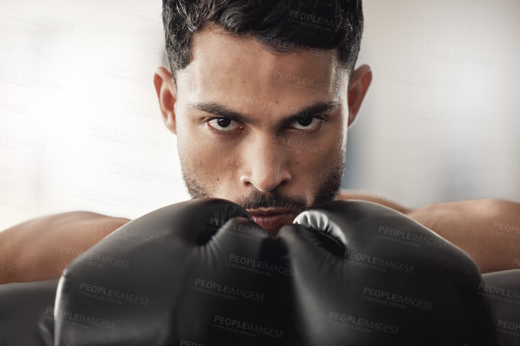 Buy stock photo Sport, motivation and wellness boxer or fighter for sports, workout and exercise in boxing gym. Face portrait of fitness, personal trainer or mma athlete with health, training and healthy lifestyle.
