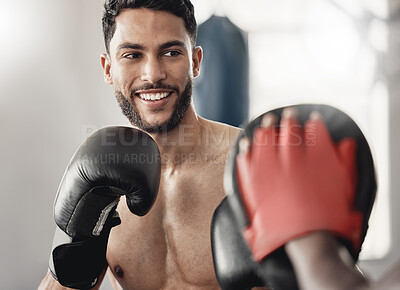 Buy stock photo Boxing man, fight training and coach workout for strong power, happy mma challenge and gym club sparring exercise for combat sports. Fitness champion, healthy athlete and pro boxer impact with gloves