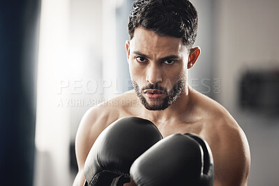 Buy stock photo Boxer training, cardio fitness and boxing at gym for exercise, motivation for sports workout and sport for health wellness at club. Face portrait of athlete with commitment to fight competition