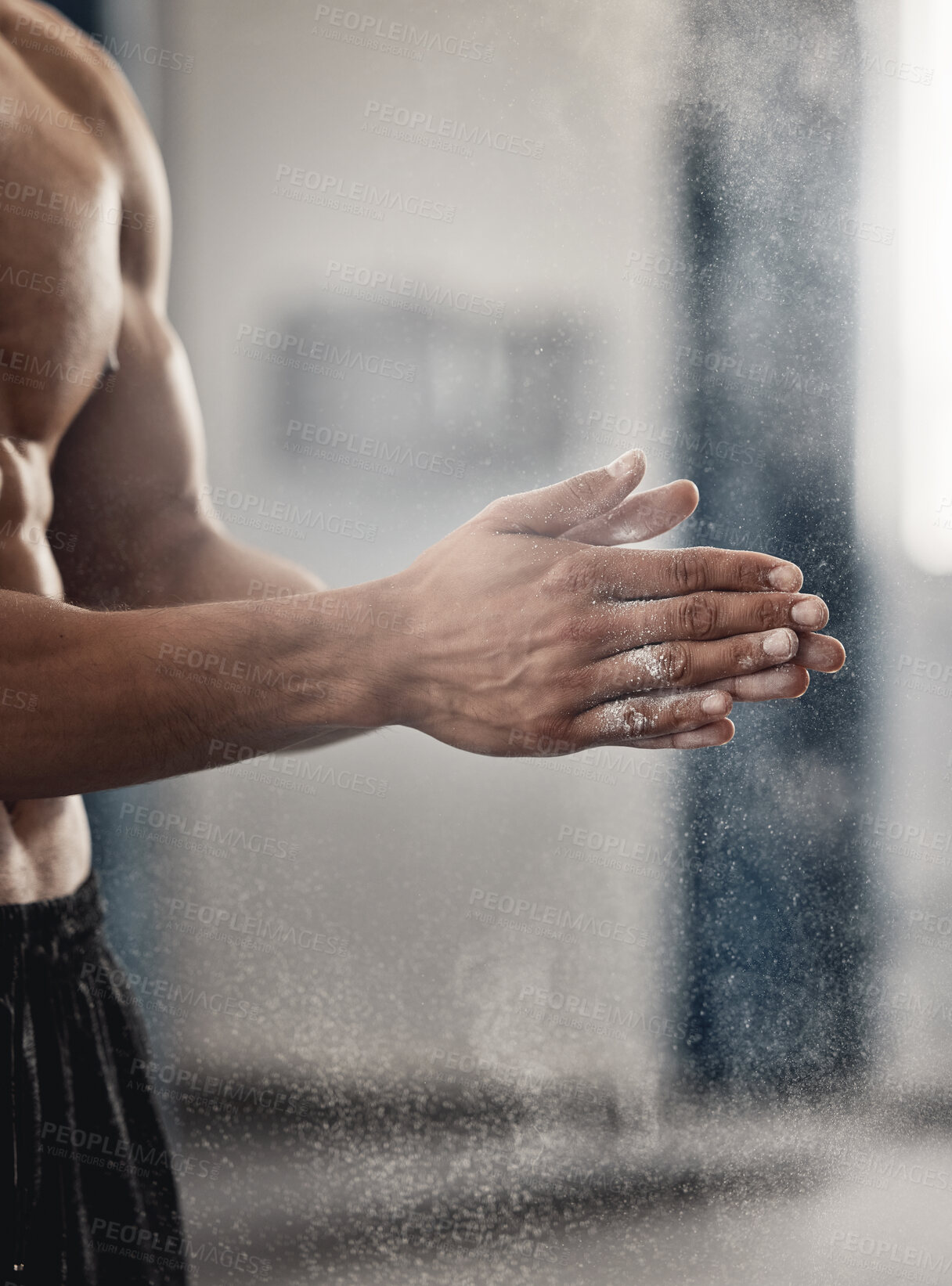 Buy stock photo Strong man, powder hands and dust for exercise challenge, gym club workout and fitness training. Zoom of healthy bodybuilder, clapping chalk grip and sports athlete motivation for performance power