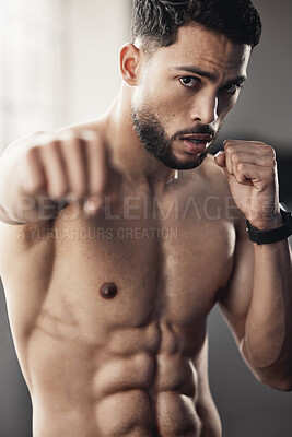 Buy stock photo Fitness, boxing man and punch for body goal motivation in health, wellness and sports gym for exercise, training or energy workout. Strong and power portrait of athlete in fight in cardio competition
