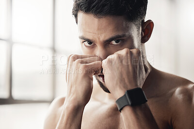 Buy stock photo Boxing man, fitness or motivation for health goal, power training or workout in wellness gym. Portrait of athlete, boxer hands or fist in sports room for energy exercise, combat fight or self defense