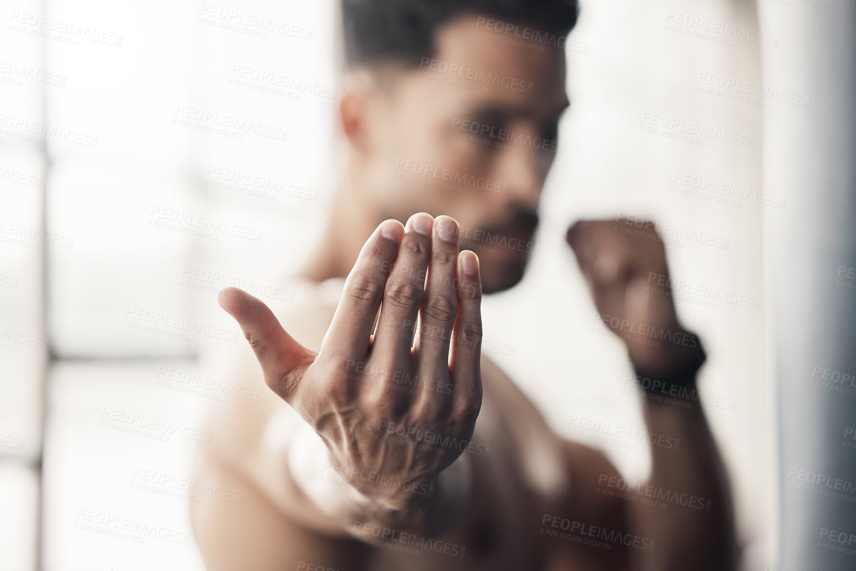 Buy stock photo Boxing hands gesture, strong man and fight training of mma athlete, fitness power and sports gym champion. Zoom palm of boxer in fighting stance to approach, attack and impact for karate martial arts