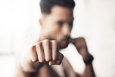 Buy stock photo Boxer fist, fitness training and gym exercise for wellness, exercise for sports health and motivation for fight competition with power. Athlete boxing for cardio with background bokeh at club