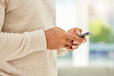 Buy stock photo Social media hands, phone texting and man digital contact, communication and smartphone technology. Closeup person typing, mobile 5g web and reading apps, internet connection in online notification