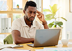 Reading email, work laptop and businessman thinking of strategy for corporate marketing business, planning website online on internet and working on computer. African web design employee at work