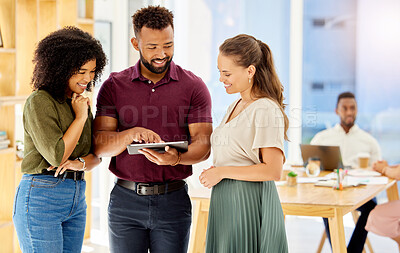 Buy stock photo Team, business people and designer with tablet working with teamwork, collaboration and planning SEO analytics report. Ceo, leader and worker talking after a meeting in a corporate startup office
