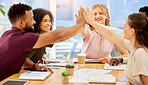 High five, success or global business collaboration in teamwork with kpi paper, target audience research or documents. Happy smile and excited diversity office people with marketing b2b goal and deal