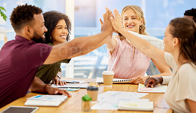 Buy stock photo High five, success or global business collaboration in teamwork with kpi paper, target audience research or documents. Happy smile and excited diversity office people with marketing b2b goal and deal