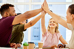 High five, team support and meeting for team building in office, motivation for creative partnership and collaboration success at startup company. Business employees celebrate work mission strategy