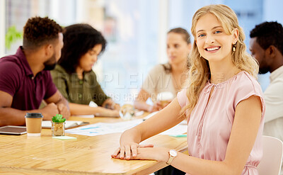Buy stock photo Meeting, collaboration and business woman portrait with teamwork, brainstorming idea in workplace. Motivation, goal and mission of a corporate worker planning leadership, strategy or for contact us