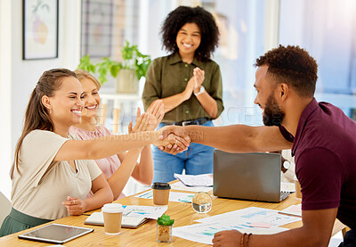 Buy stock photo Business handshake, welcome employee and meeting for support in office, planning partnership deal and thank you for collaboration at work. Employee applause for motivation and team target success
