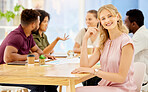 Leadership, meeting and business woman portrait with teamwork, collaboration or ideas at office table. Company goals or mission strategy planning of corporate worker with employee workflow management